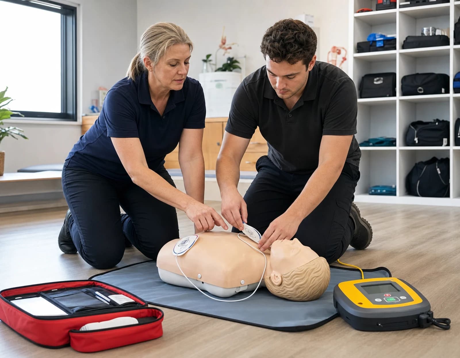 A trainer guiding a learner through practical first aid and AED training