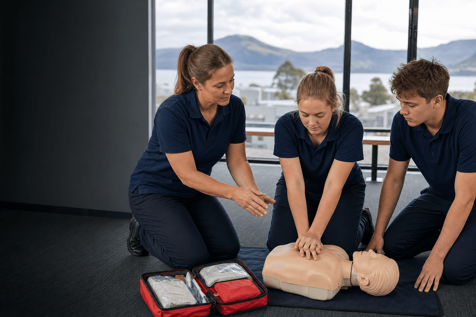 Three NSTA Tasmania trainees practising CPR beside a Tasmanian lake