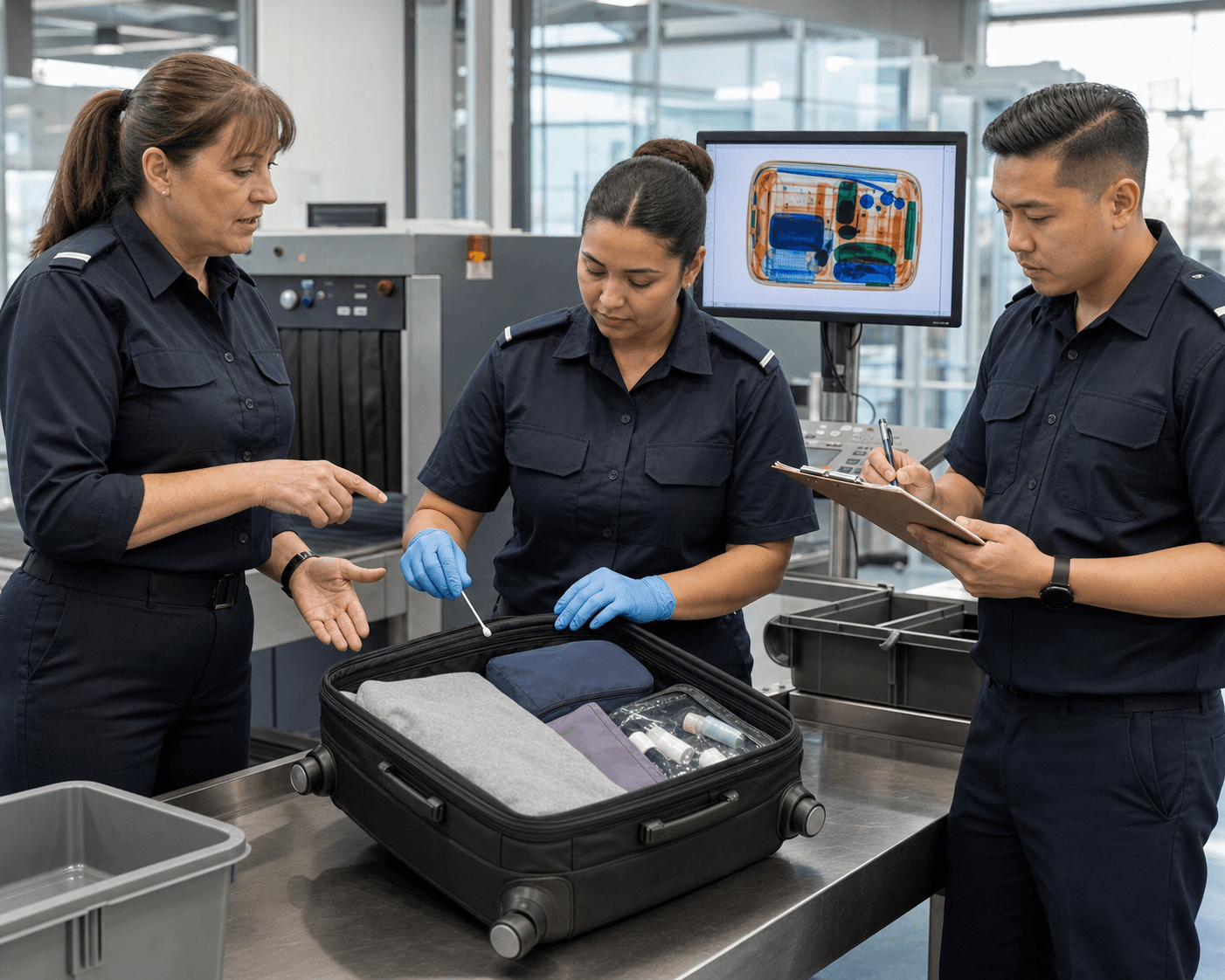 An instructor coaching airport security trainees through baggage inspection and trace-detection swabbing
