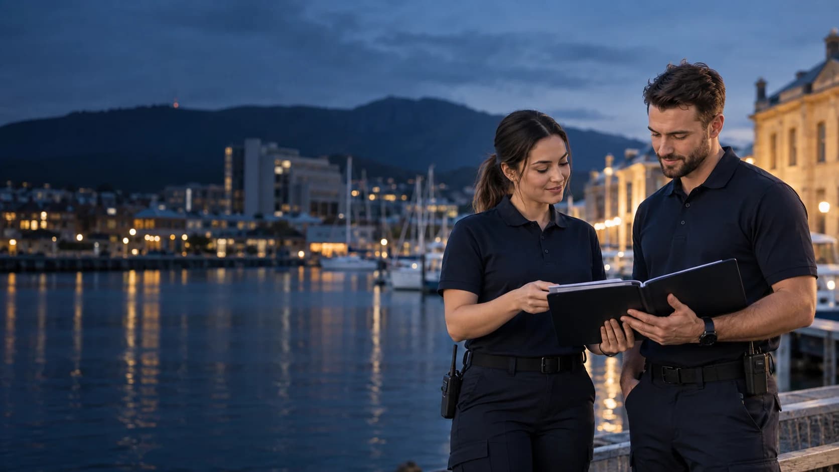 Two security professionals reviewing training documents beside Hobart's waterfront